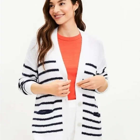 Loft 100% Cotton Striped Cardigan Boucle Accents White and Navy Medium - Picture 2 of 6